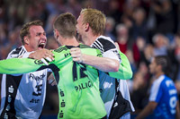 Riesiger Jubel bei Filip Jicha, Andreas Palicka und Rene Toft Hansen nach dem Schlusspfiff.